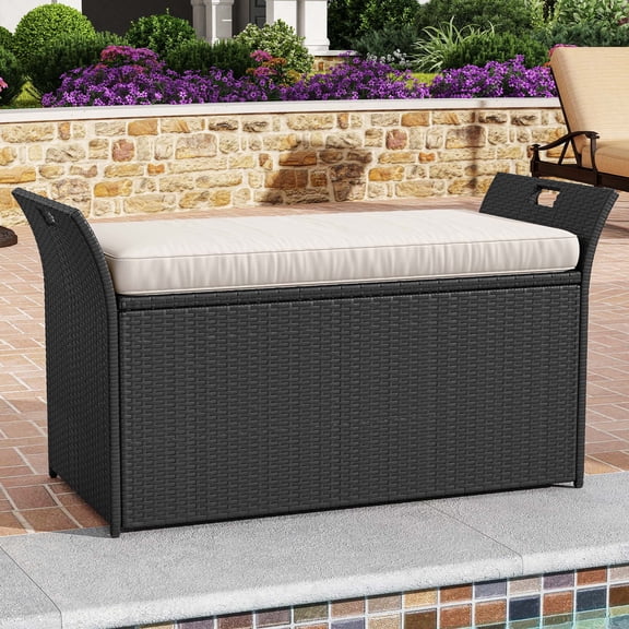 Dextrus 90-Gallon Outdoor Storage Bench,  Large PE Rattan Storage Box w/Handles & Hydraulics,for Patio Garden,Black&Beige