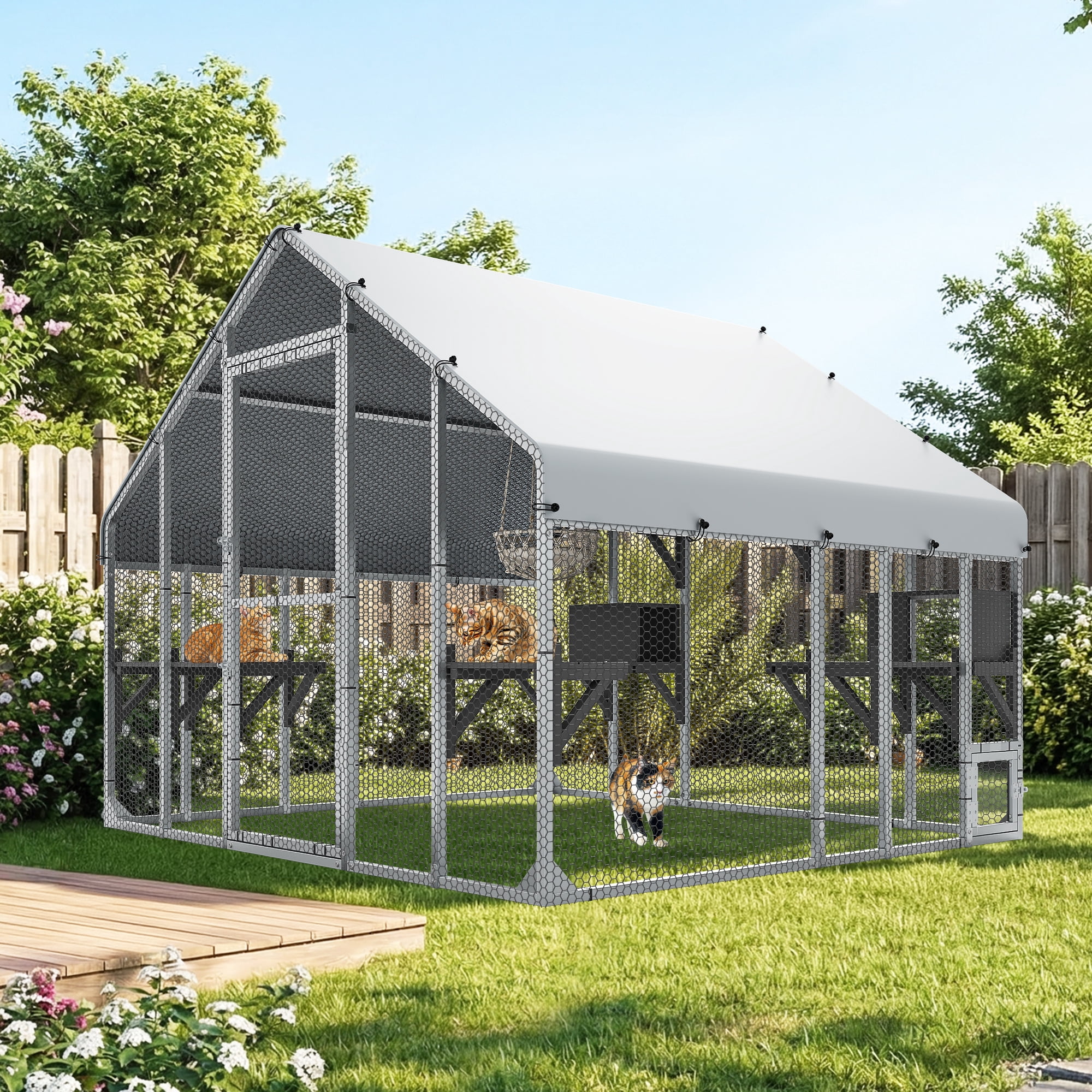Dextrus 94" Large Outdoor Cat Cage, Weatherproof Metal Cat Enclosure with Roof, Multi-Level Cat Catio with 7 Platforms, 2 Resting Boxes and Cat Hammock Bed, Silver