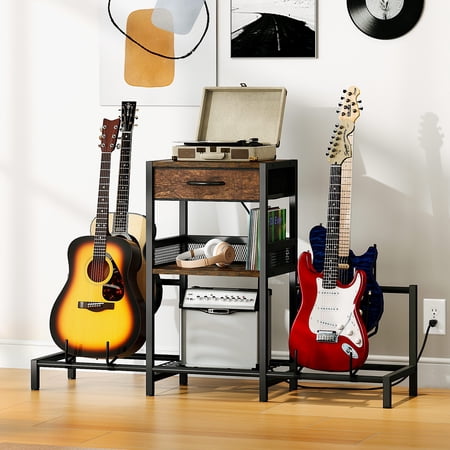 Dextrus Adjustable Guitar Stand With Storage Shelf,Power Strip and Drawer, 4-Tier Guitar Rack - Brown & Black