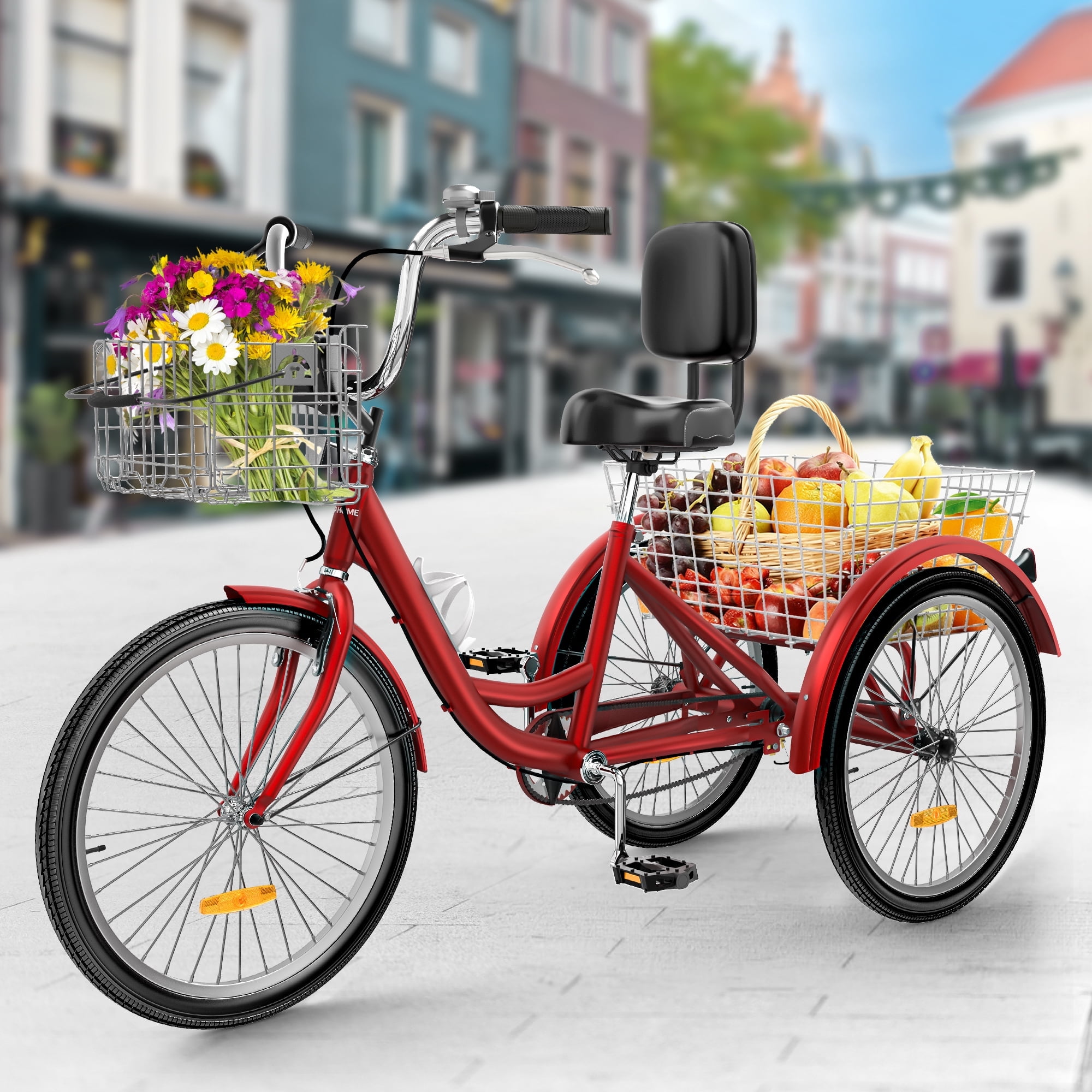 Dextrus Adult 26" Adjustable Seat Tricycle with Front & Rear Basket, Red