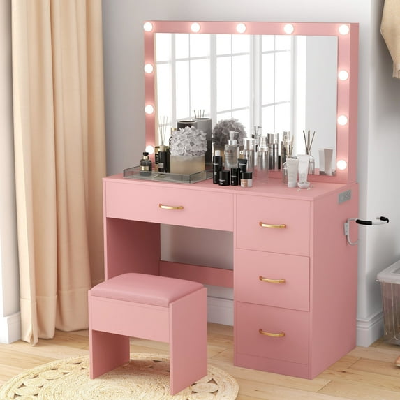 Dextrus Adult Pink Vanity Desk Set LED Mirror, Outlets & Stool – 4 Drawers, 3-Color Lights