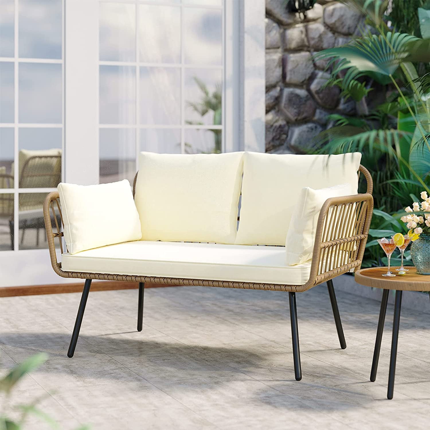 Dextrus All-Weather Wicker Loveseat Sofa with Beige Cushions & Lumbar Pillows – Perfect for Patio, Balcony, Deck, and Poolside