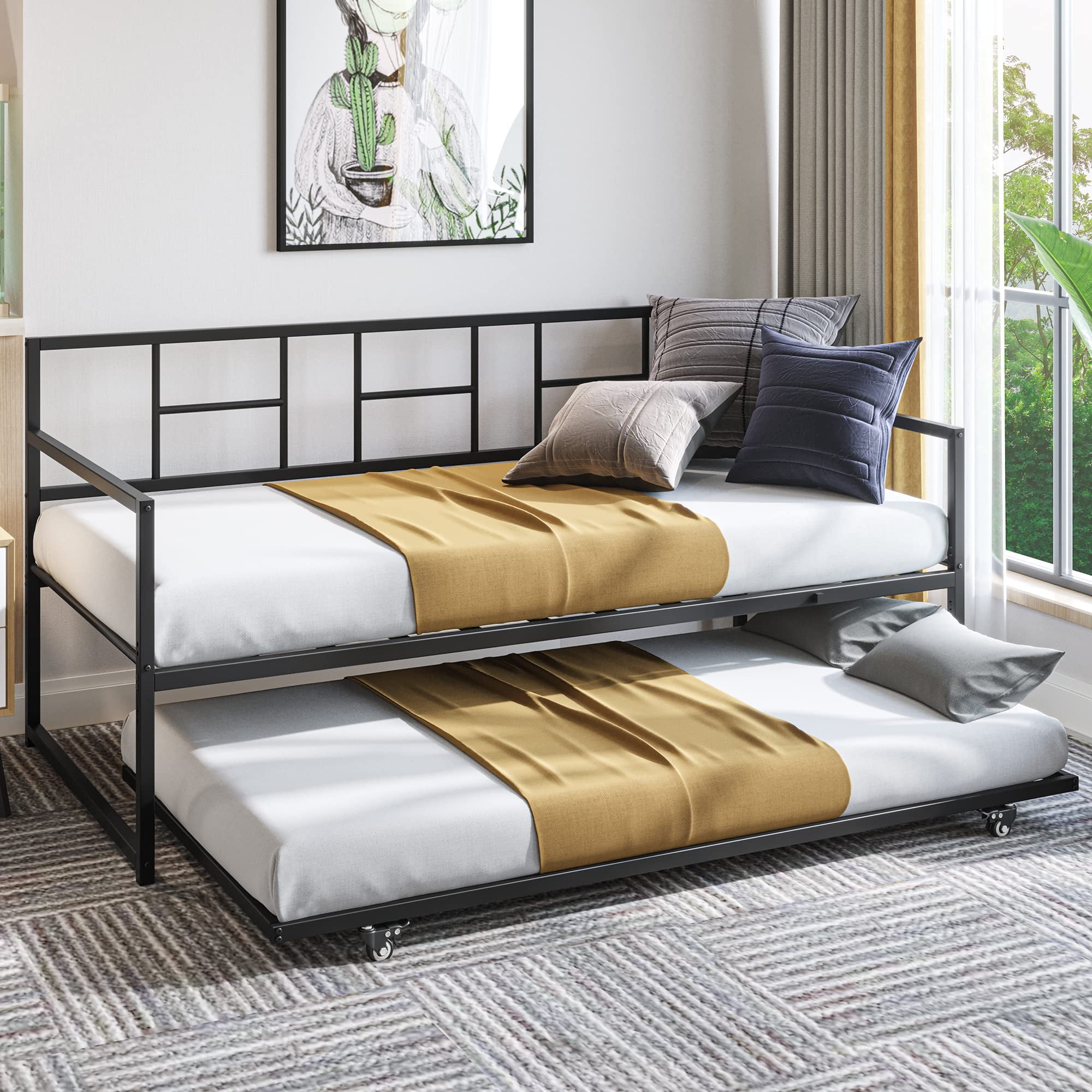 Dextrus Twin Daybed with Single Storage Trundle, Adjustable Height ...