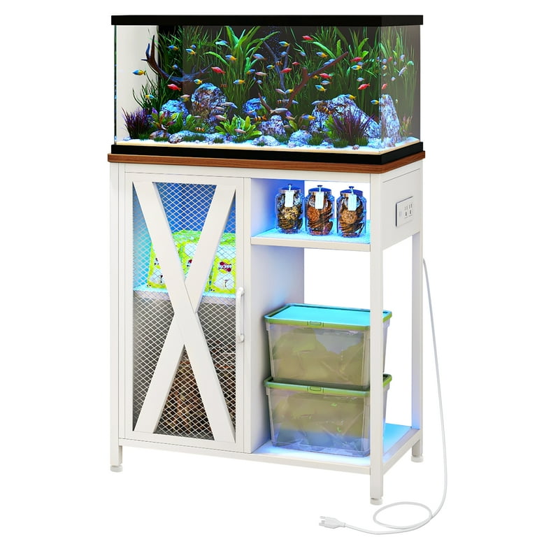 Dextrus Aquarium Stand with Power Outlets LED Light and Cabinet for 20 29 Gallon Fish Tank Stand Turtle Tank Reptile Terrarium White