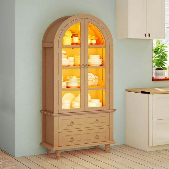 Dextrus Arched Kitchen Cabinet with LED Lights, 4 Shelves & 2 Drawers for Kitchen/Dining, Oak Color