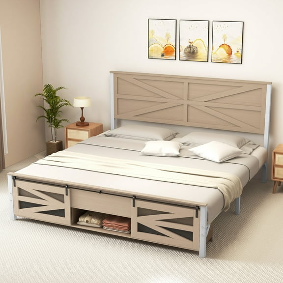 Dextrus Artisan King Bed Frame with Hidden Storage, Sliding Barn Door, Silent Metal Slat Support, No Box Spring Required, Oak