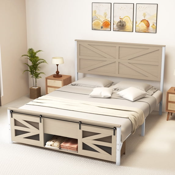 Dextrus Artisan Queen Bed Frame with Hidden Storage, Sliding Barn Door, Silent Metal Slat Support, No Box Spring Needed, Oak
