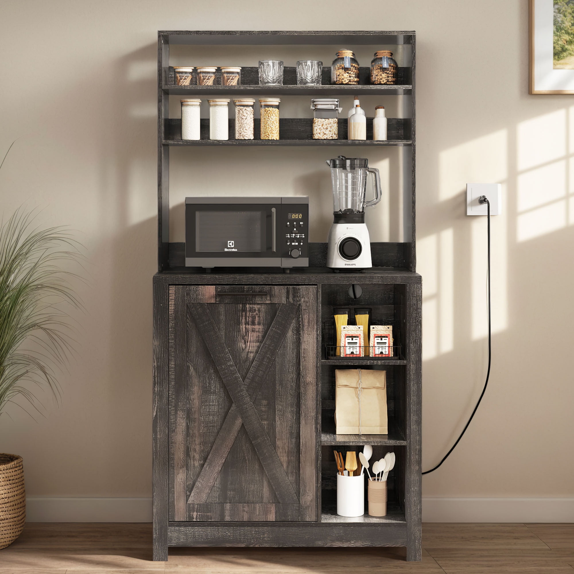 Uforic Bakers Rack with Shelves Power Outlets 6 Tier Microwave Stand with Trash Bin Cabinet Rustic Oak Walmart