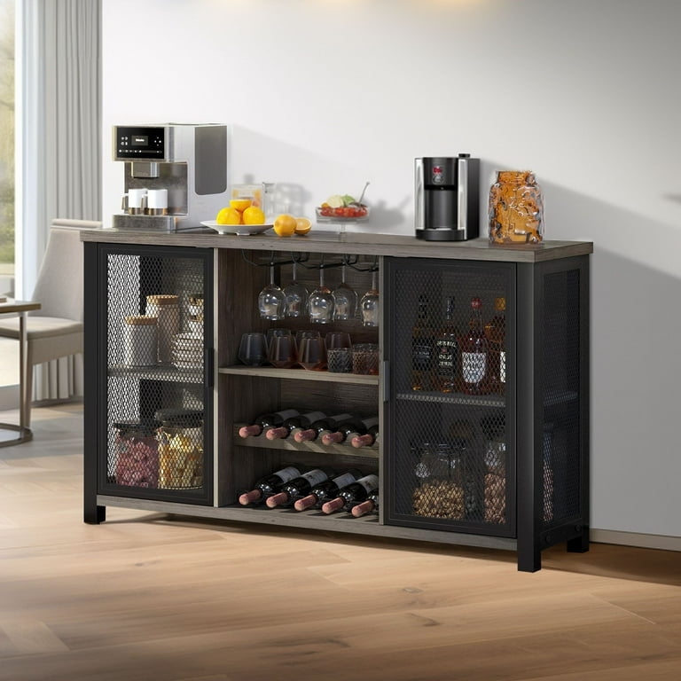 Wedealfu Inc Farmhouse Bar Cabinet for Liquor and Glasses for Dining Room Kitchen Cabinet with Wine Rack, Size: Grey