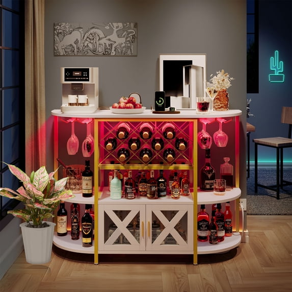 DEXTRUS Bar Wine Cabinet with LED Lights, Power Outlets, Liquor Rack Table, Glass Holder, White