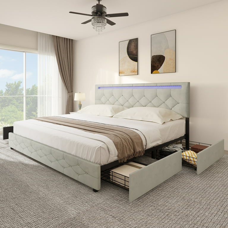 Dextrus Bed Frame King Size with 4 Storage Drawers Adjustable Headboard No Box Spring Needed Grey