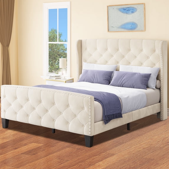 Dextrus Bed Frame Queen Size with Velvet Headboard,No Box Spring Needed, Beige