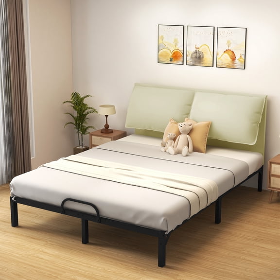 Dextrus Beige Queen Metal Bed Frame with Steel Slats, Non-Slip Platform Bed with PU Leather Upholstered Headboard, Ample Under-Bed Storage, No Box Spring Required, Easy Assembly