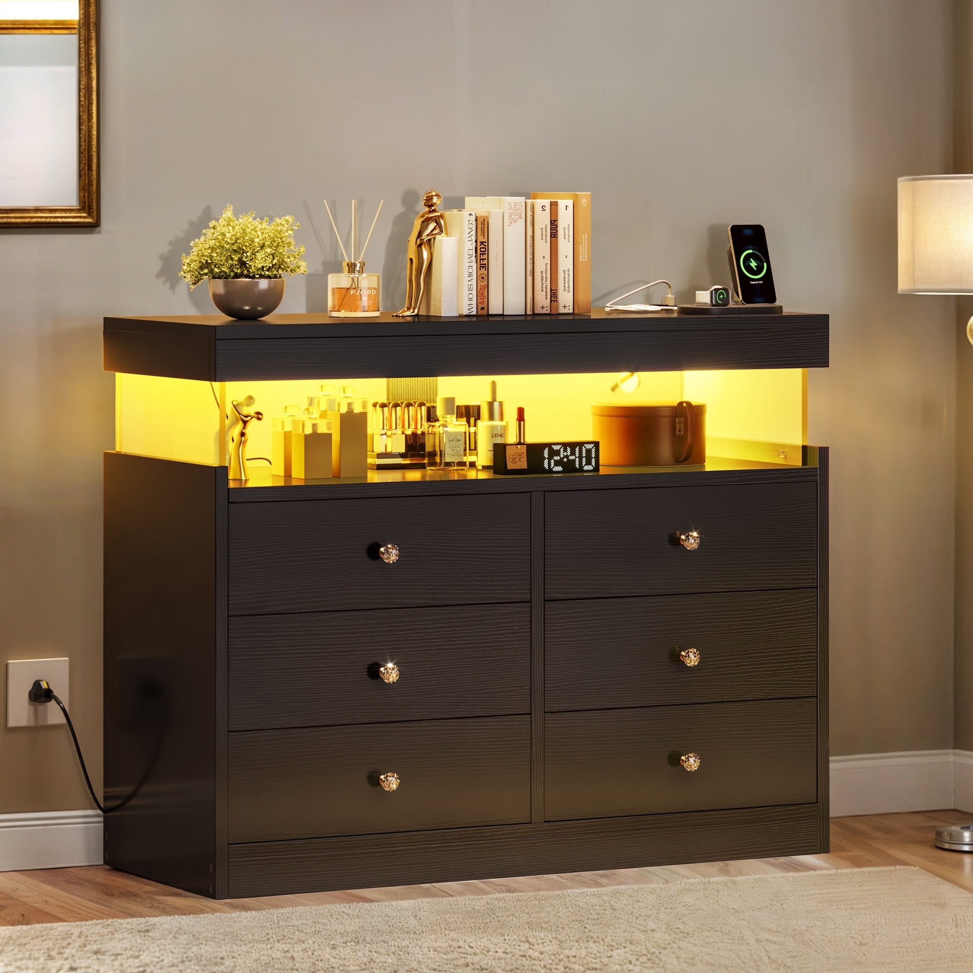 Dextrus Black Dresser with LED Light, 6 Drawers Dresser with Charging Station, Modern Chest of Drawers for , Living Room, Entryway, Hallway