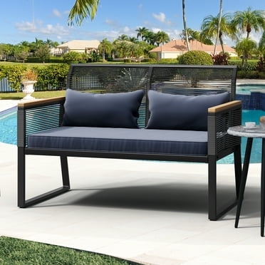 Dextrus 1 Steel Weather-resistant Outdoor Conversation Sets with Loveseat, Black/Navy Blue
