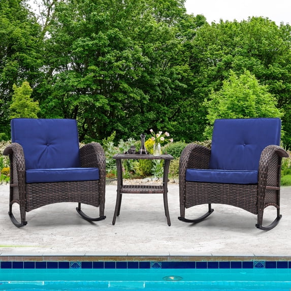 Dextrus Blue 3-Piece PE Rattan Rocking Chair Set with Cushions and Side Table for Garden and Patio Use