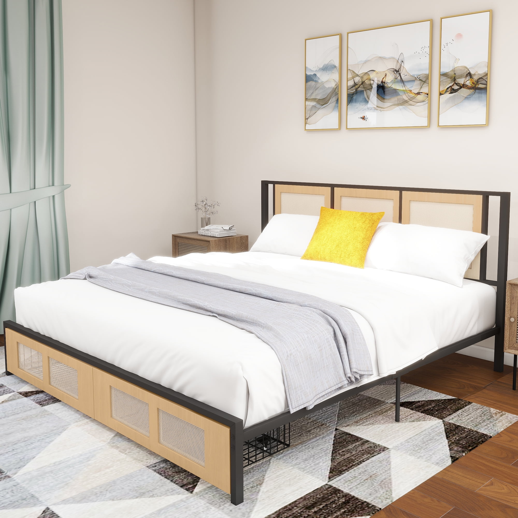 Dextrus Boho King Size Bed Frame with Hand-Woven Rattan Design, No Box ...