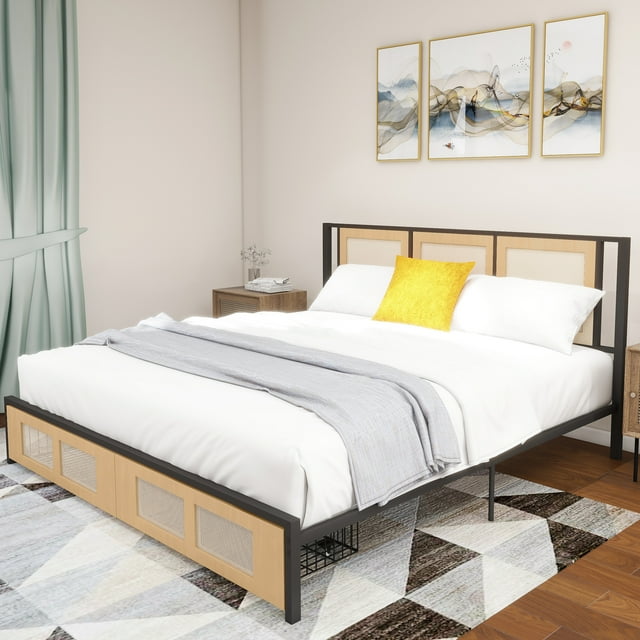 Dextrus Boho King Size Bed Frame with Hand-Woven Rattan Design, No Box ...