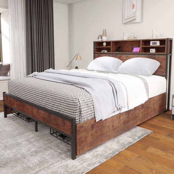 Dextrus Brown Queen-Sized Bed Frame, Metal Platform Bed Featuring Headboard, 4 Storage Drawers & Charging Station, No Box Spring Required, Quick Assembly