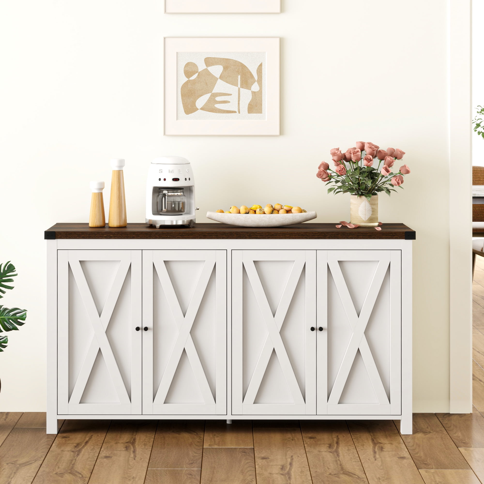 Dextrus Buffet Sideboard Cabinet, Farmhouse Kitchen Storage Cabinet with Doors and Shelves, White