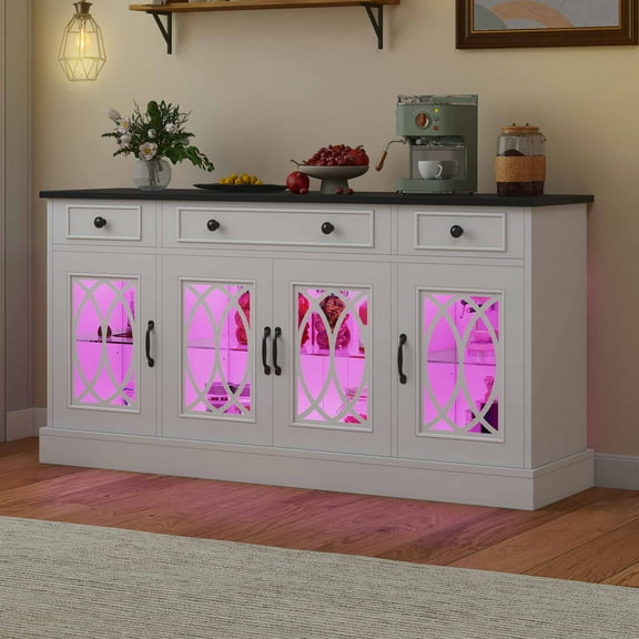 Dextrus Buffet Cabinet with LED, 3 Drawers & Tempered Glass Shelves for Kitchen & Dining Room, Beige/Black