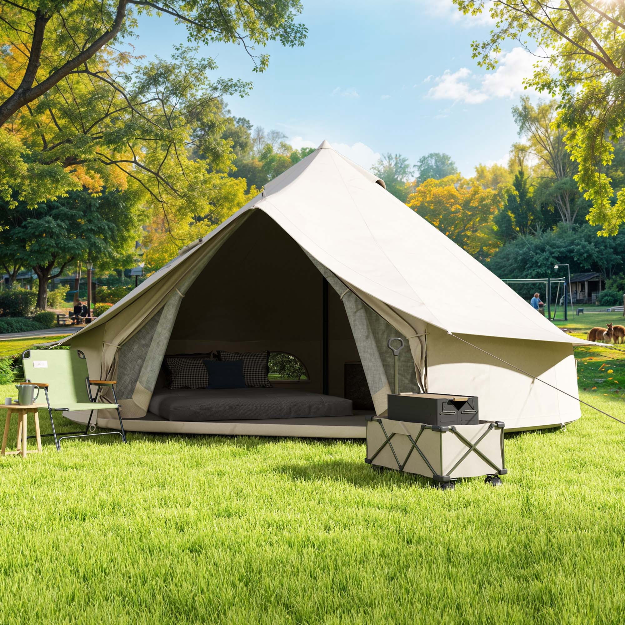 Dextrus Camping Tent 4 Seasons Glamping Bell Tent Waterproof with Stove Jacks & 4 Breathable Windows Cotton for Outdoor Family Party, Camping, Picnic, Barbecue