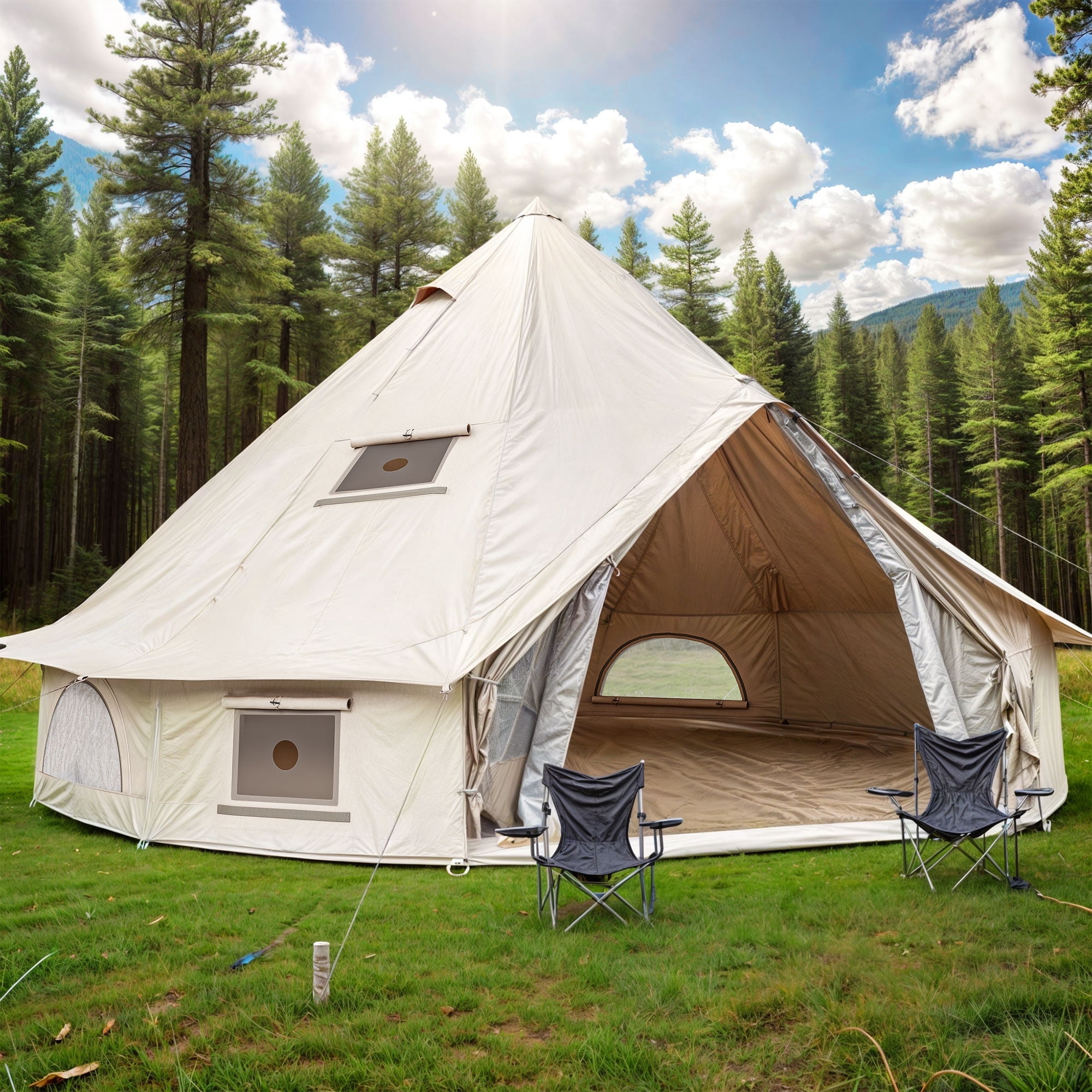 Dextrus 4 Seasons Glamping Bell Tent Waterproof with Stove Jacks & Windows for Camping, Picnic, Barbecue