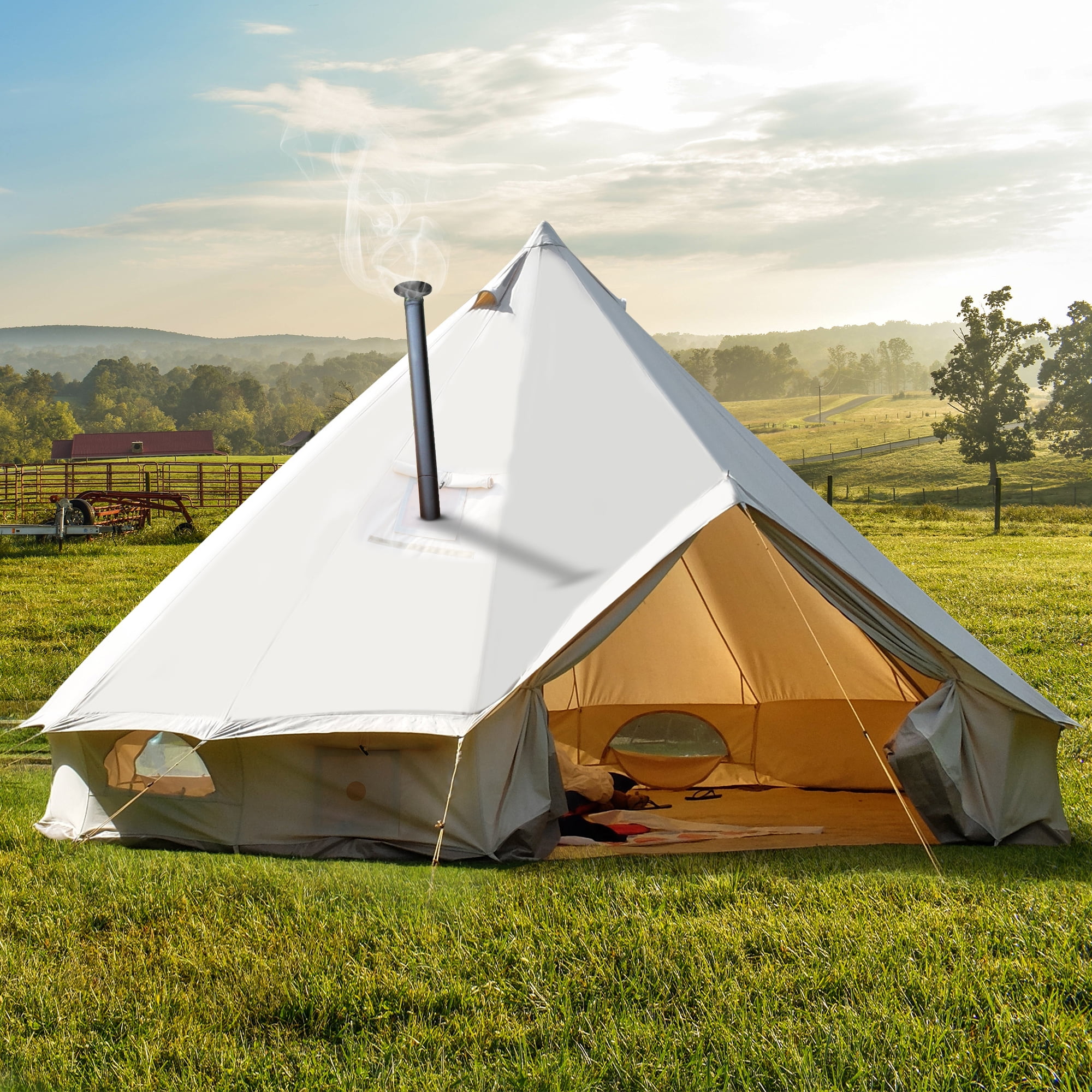 Dextrus Camping Tent 4 Seasons Glamping Bell Tent Waterproof with Stove Jacks 4 Breathable Windows Cotton for Outdoor Family Party Camping Picnic Barbecue Walmart