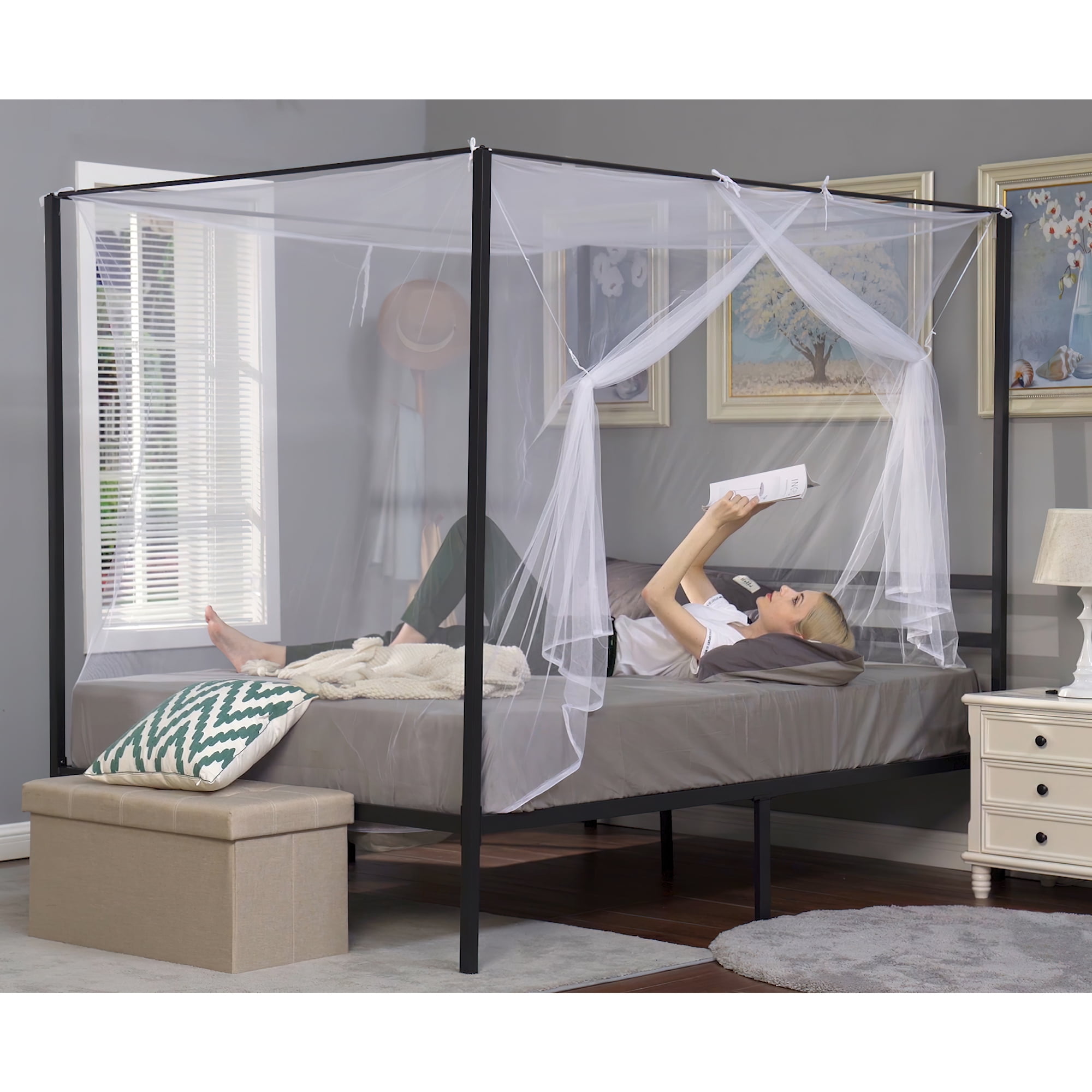 Dextrus King Size Canopy Bed Frame with Built-in Headboard No Box Spring Needed,Black