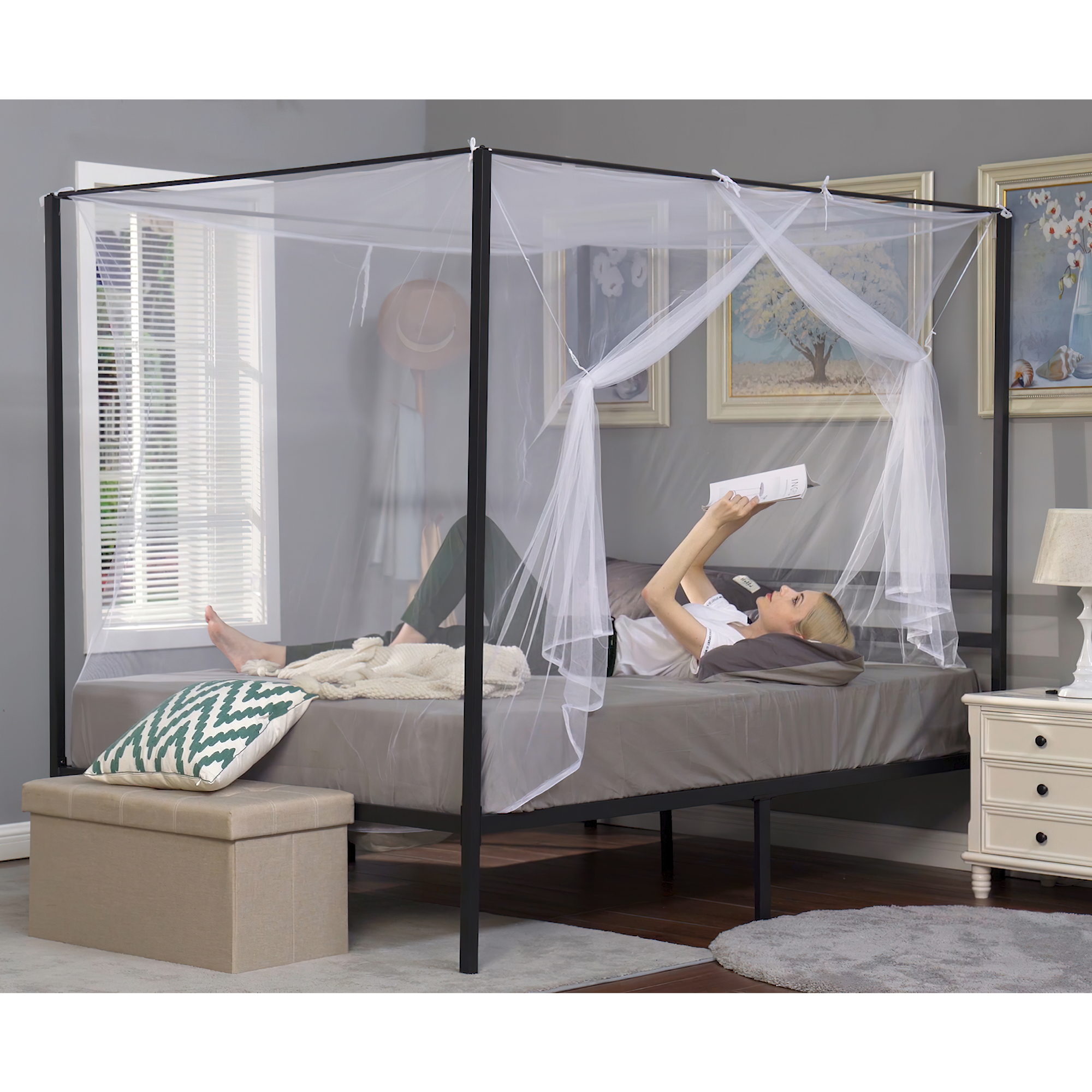 Dextrus Queen Size White Metal Canopy Bed Frame with Sturdy Four Posts