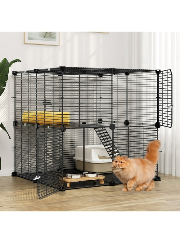 Dextrus Cat Cage 2 Tier Indoor Cat Enclosures Kitten Cage DIY Pet Playpen Metal Kennel for 1-2 Cats, Ferret, Chinchilla, Rabbit, Small Animals, Kitty, Squirrel, RV Travel, Camping-28"L x 28"W x 28"H