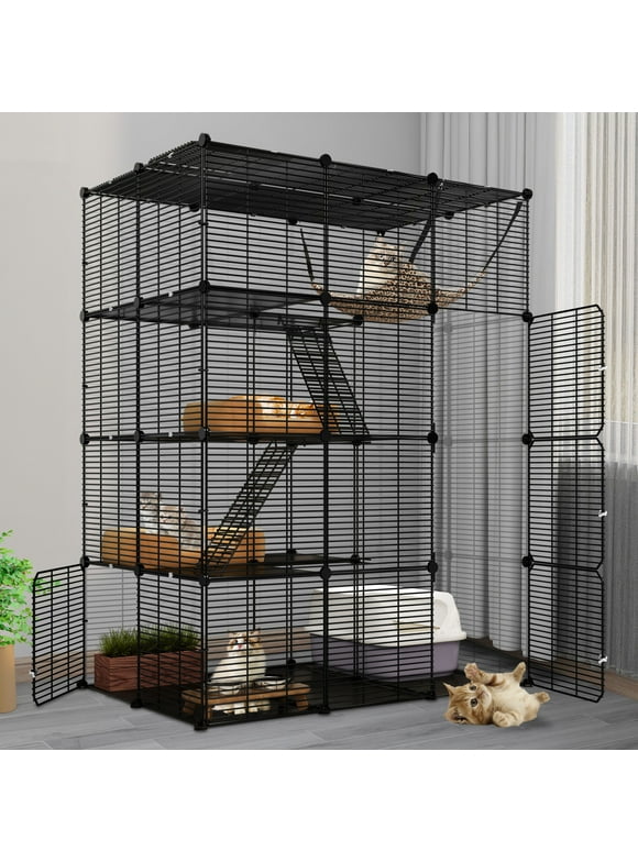 Dextrus Cat Cage Indoor Large with Hammock 4 Tier Outdoor Cat Enclosure Catio Metal Kennels for 1-3 Cats, DIY Detachable Pet Playpen, Black