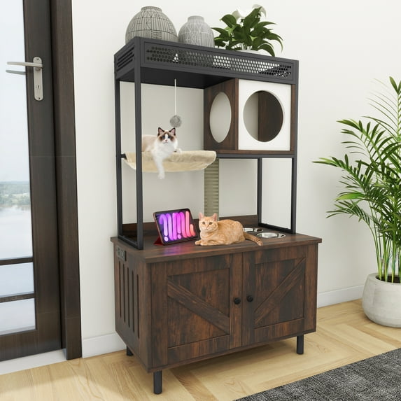 Dextrus Cat Litter Box Enclosure,Hidden Litter Box Furniture Cabinet with Shelves,Charging Station and Feeding Station Rustic Brown