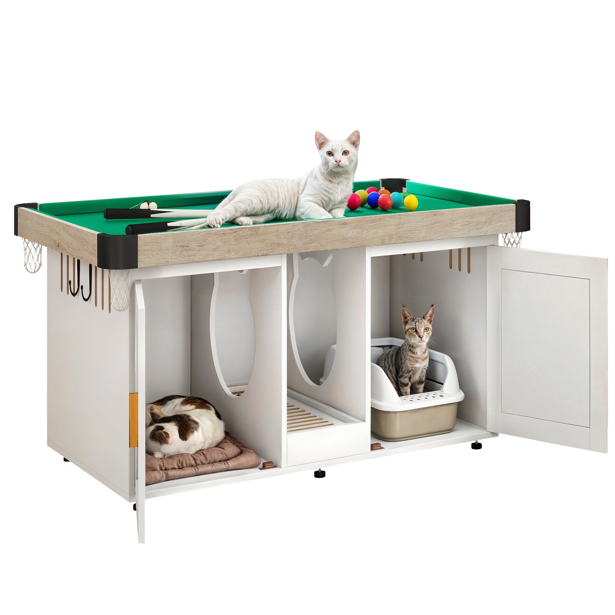 White Wooden Cat Litter Box Enclosure with Mini Pool Table