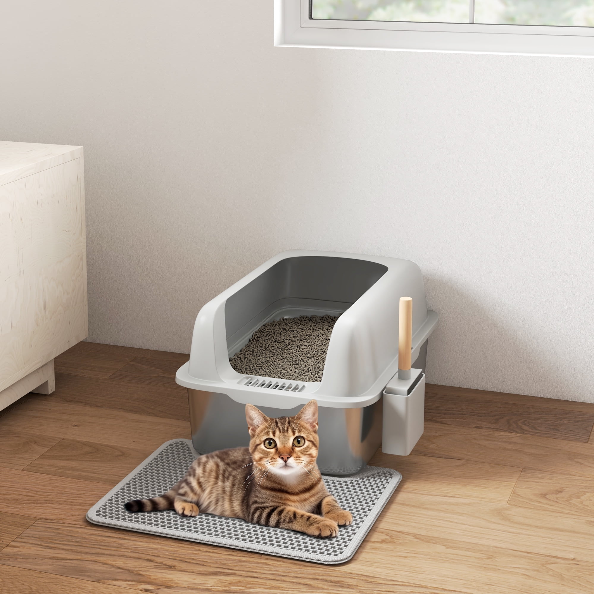 Extra Large Light Gray Stainless Steel Cat Litter Box with Lid and Scoop