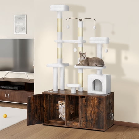 Dextrus Cat Tree Cat Tower with Litter Box Enclosure, 70" Cat Climbing Tower with Scratching Posts, Wood Cat Condos for Indoor Cats Brown