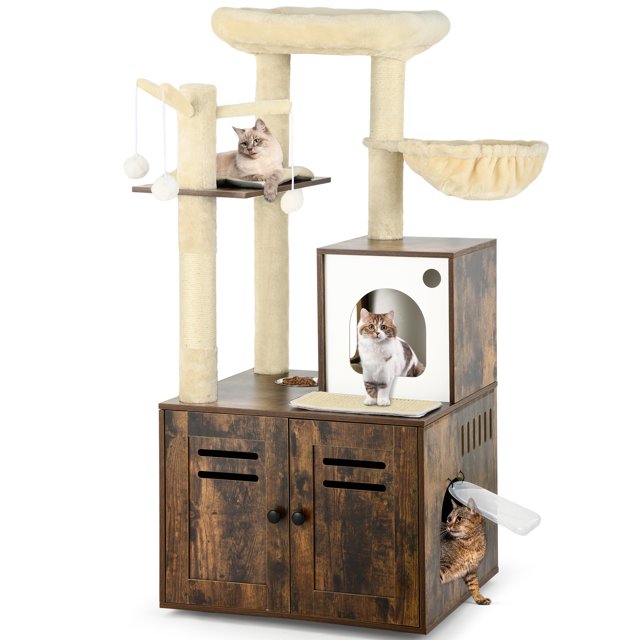 Dextrus Cat Tree with Litter Box Enclosure, Wooden Cat Tower Furniture