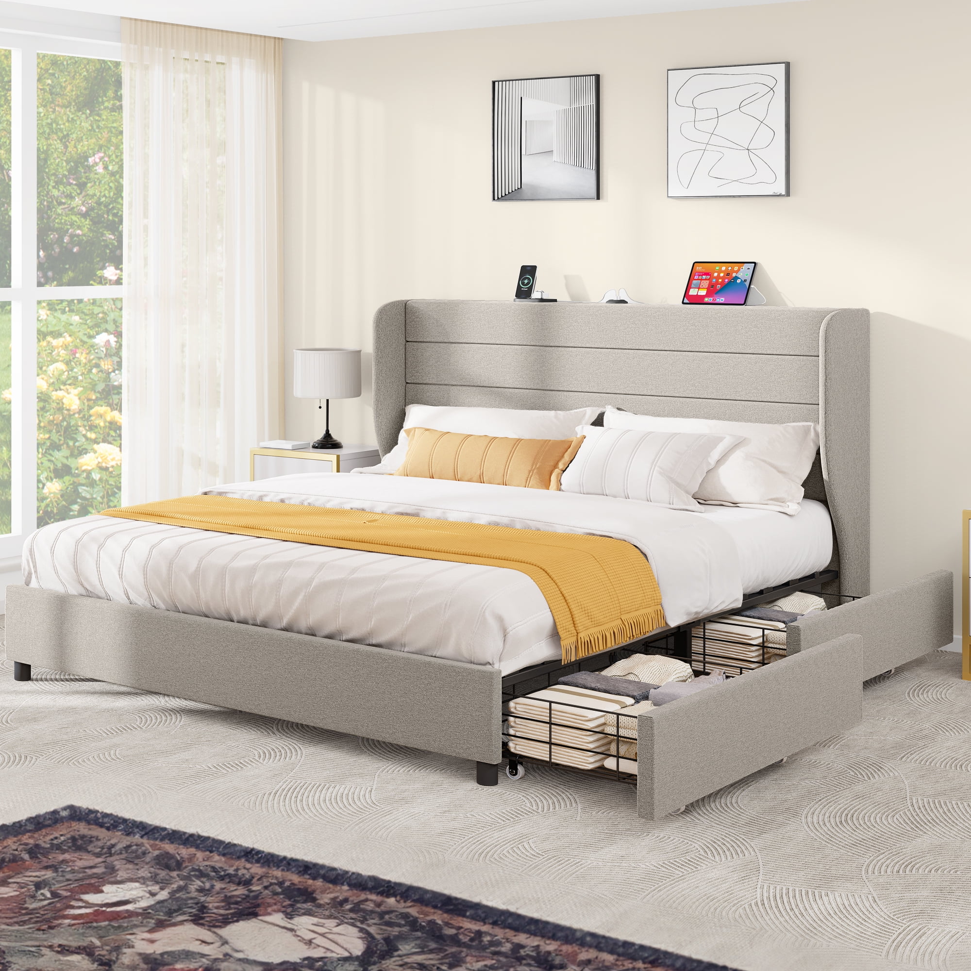 Dextrus Charging Station King Bed Frame, King Size Upholstered Platform