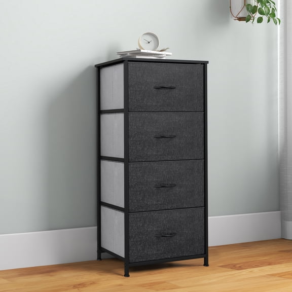 DEXTRUS 4-Drawer Fabric Dresser for Adults & Teens, Bedroom & Office Storage Chest, Black Gray