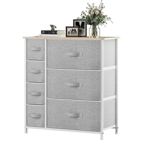 Dextrus Chest of Fabric 7 Drawers Dresser Storage Organizer Furniture Home Office, Light Gray