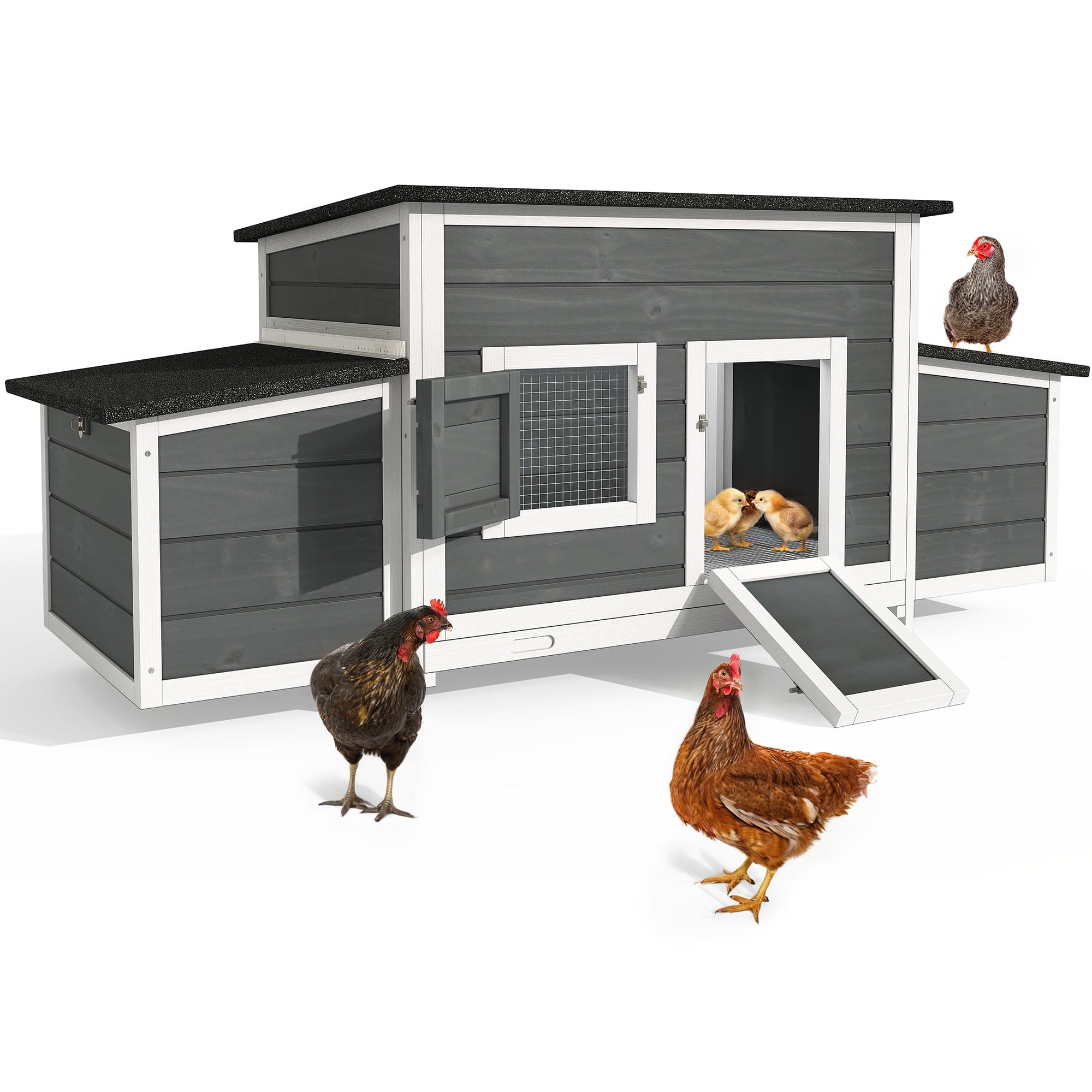 Dextrus Chicken Coop 11.5ft² Large Wooden Chicken Hutch with 2 Nesting Boxes Outdoor Hen House Chicken Cage for Rabbit Hutch Duck Cage - Gray