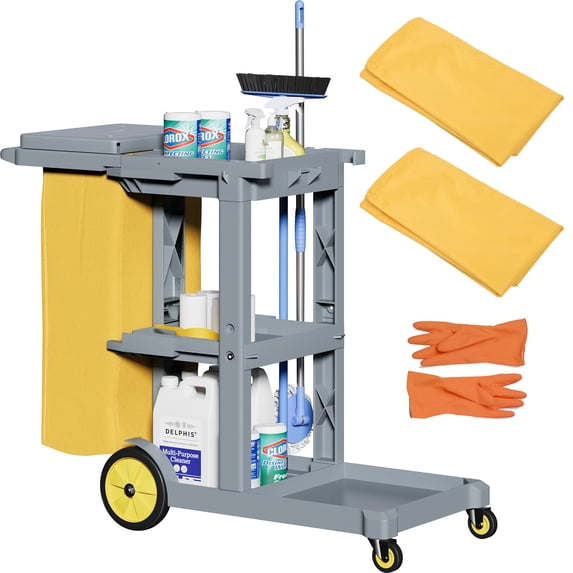 Dextrus Cleaning Cart,3-Tier Professional Cleaning Trolley with Wheels, Durable Plastic Janitorial Cart, Includes Two 25 Gallon Yellow Vinyl Bags and a Pair of Rubber Gloves, Gray