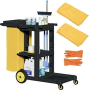 Dextrus Cleaning Cart, 3-Tier Professional Cleaning Trolley with Wheels, Durable Plastic Janitorial Cart, Includes Two 25 Gallon Yellow Vinyl Bags and a Pair of Rubber Gloves, Black