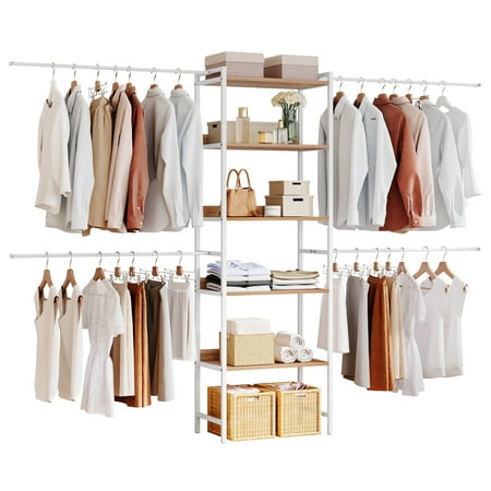 Dextrus Closet System, Heavy Duty Closet Organizer, Adjustable Armoires Clothing Racks with 5 Shelves, Metal Garment Rack for Checkroom, Bedroom Fits 6-9 ft Space, White