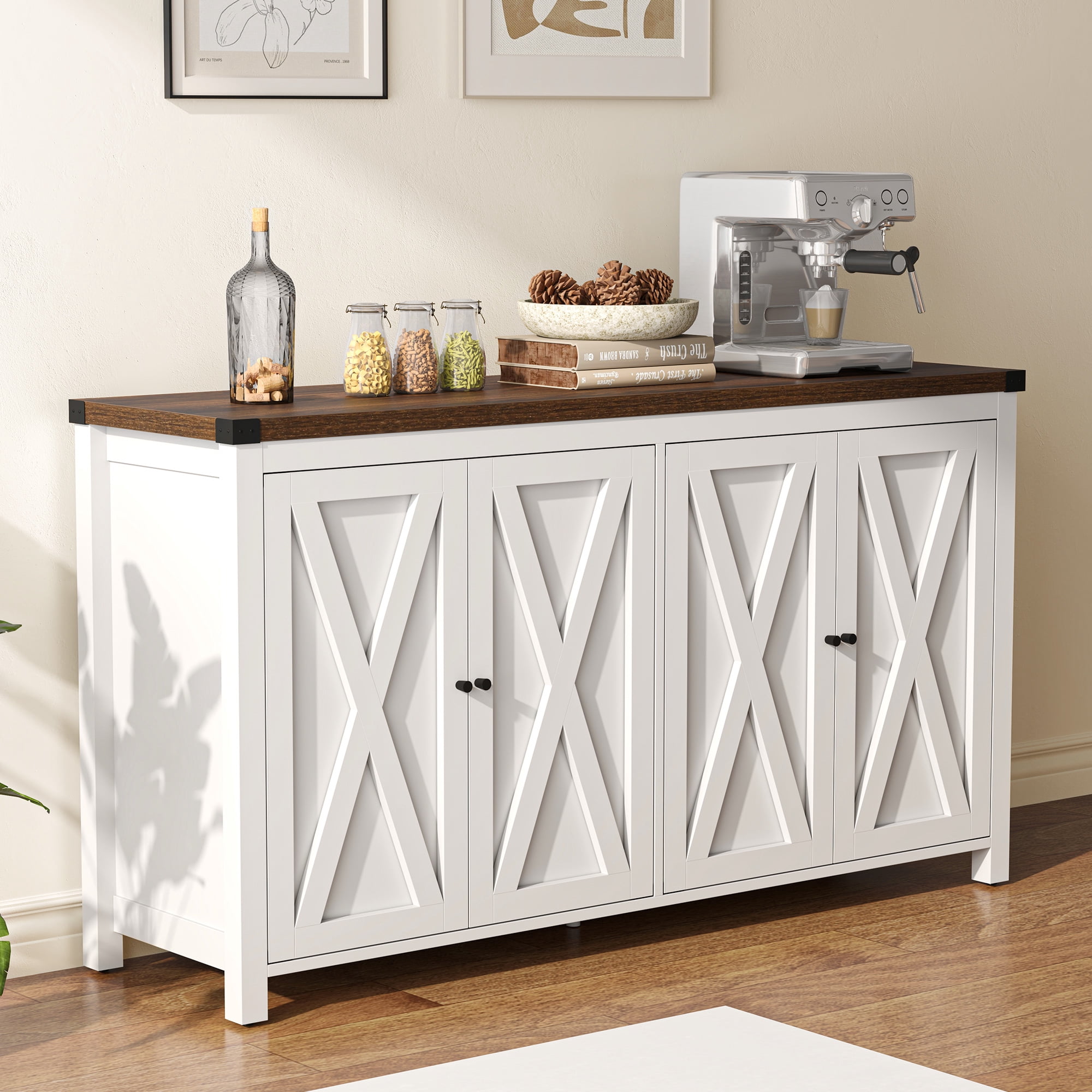 Dextrus Coffee Bar Cabinet , 4-Doors Farmhouse Storage Cabinet, 55'' Sideboard Buffet Cabinet with Adjustable Shelf, Kitchen Cabinet for Kitchen Dining Room Living Room, White