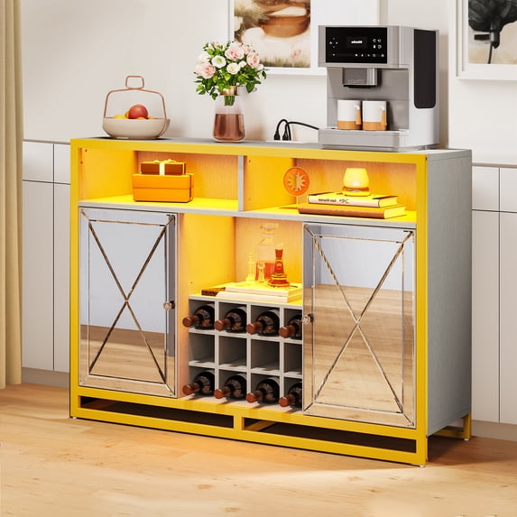 Dextrus Coffee Bar Cabinet with Power Outlet & LED Light, Mirrored Sideboard Buffet Cabinet