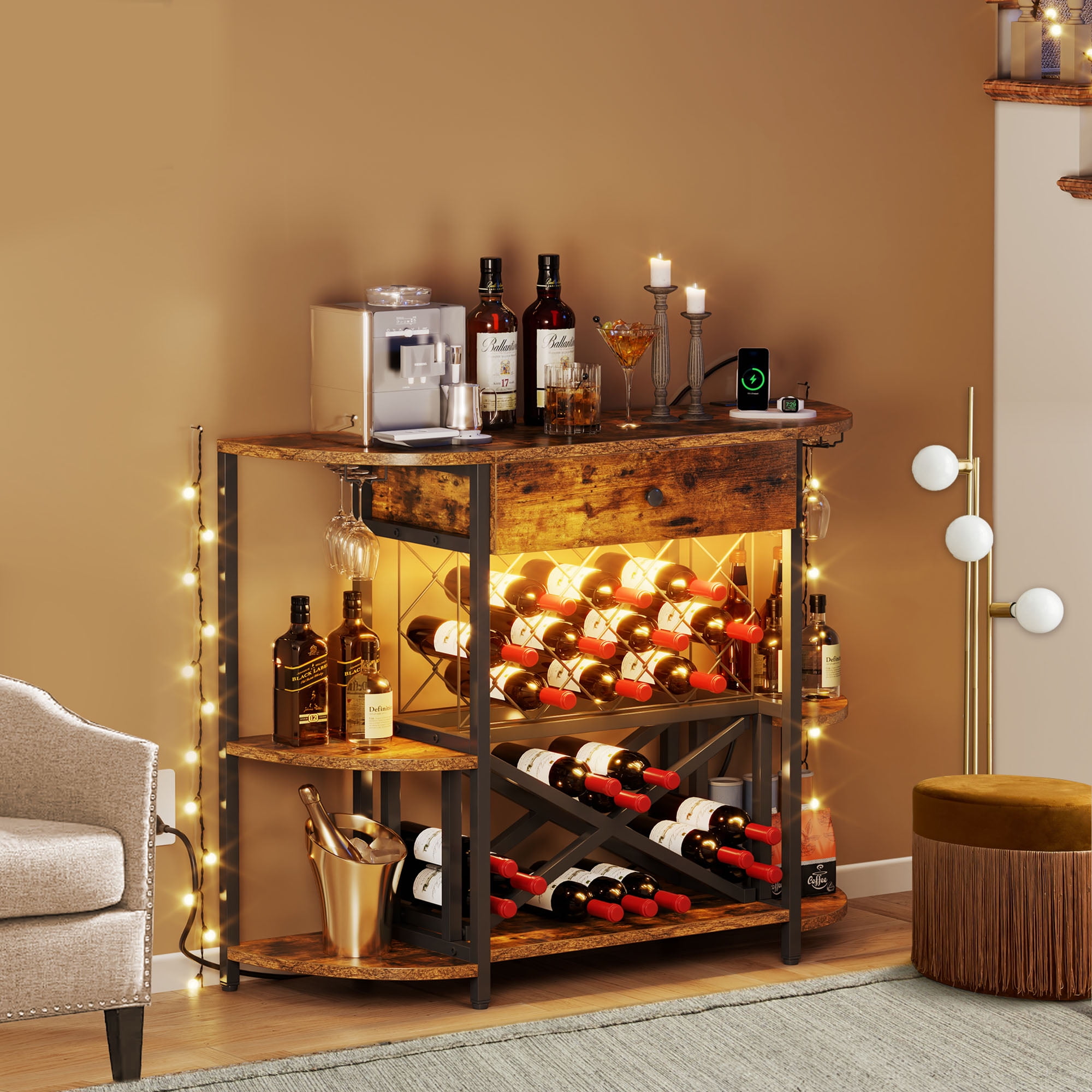 Free Shipping Coffee Bar Wine Cabinet with LED Lights and Power Outlets Kitchen Rack Table for Liquor and Glasses for Home Kitchen Dining Room Brown Walmart