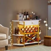 Dextrus Coffee Bar Wine Cabinet with LED Lights and Power Outlets, 3-Tier Wine Rack Table for Liquor with Glass Holder and Wine Rack Storage, Mini Wine Cabinet Bar Stand with Drawer, Gold and White