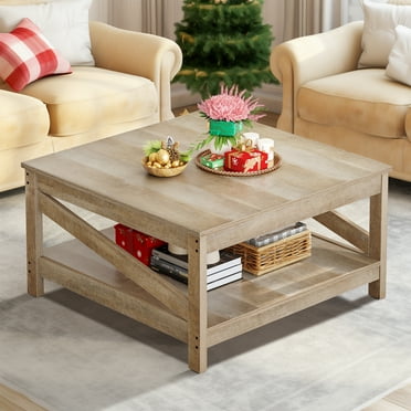 Dextrus Coffee Table with Storage, Farmhouse Cocktail Center Table for Living Room, Oak