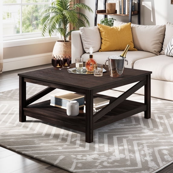 Dextrus Coffee Table with Storage, Farmhouse Cocktail Center Table for Living Room, Walnut
